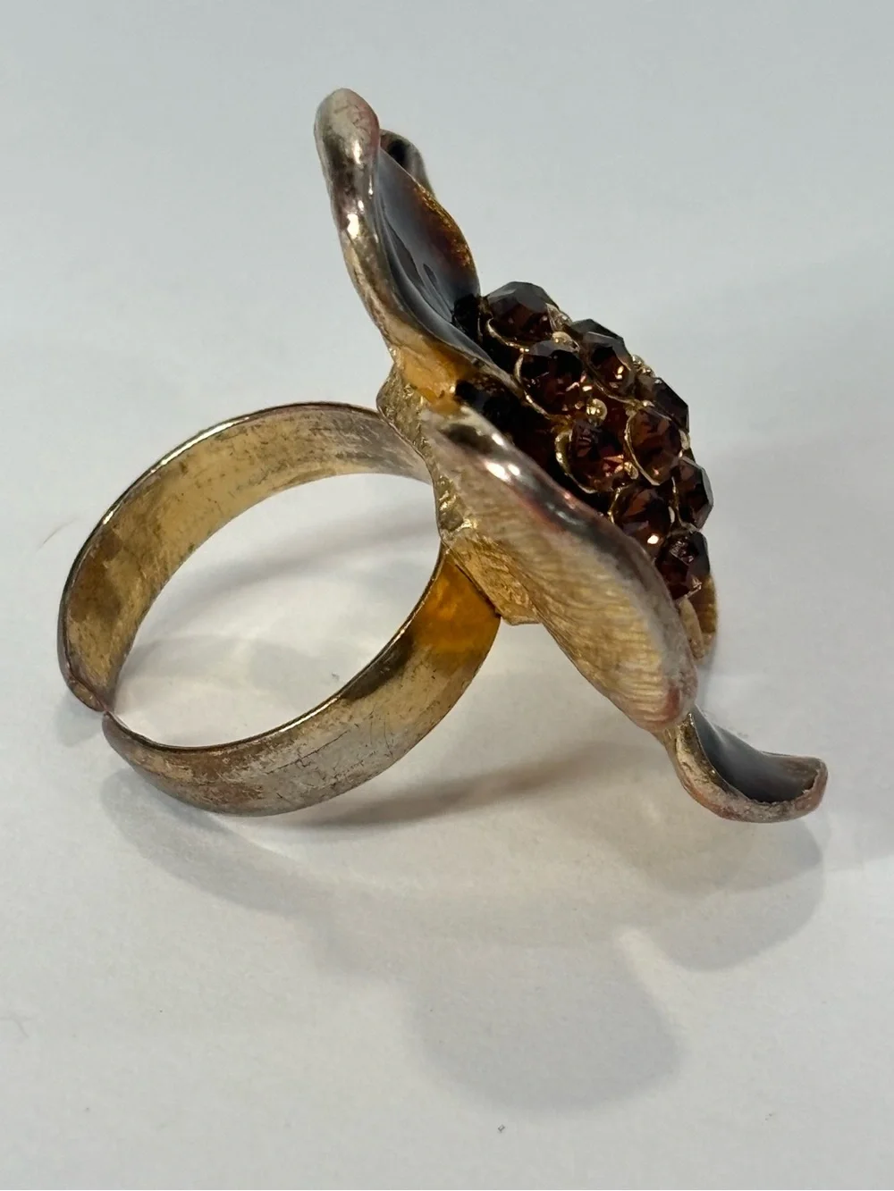 Chico’s Enamel Flower Ring Brown Leopard Print Orange Rhinestones Adjustable